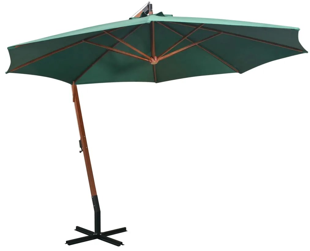 vidaXL Guarda-sol suspenso com mastro de madeira 350 cm verde