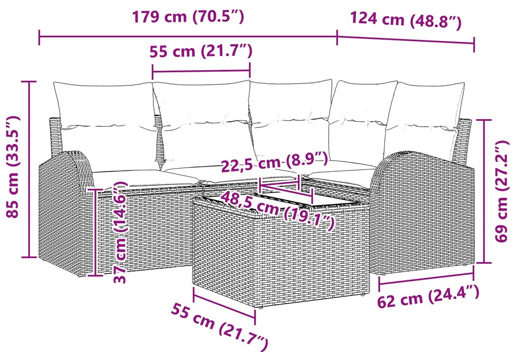 Conjunto de Sofá de Jardim 5 Peças com Almofadas Rattan Polimérico Pre