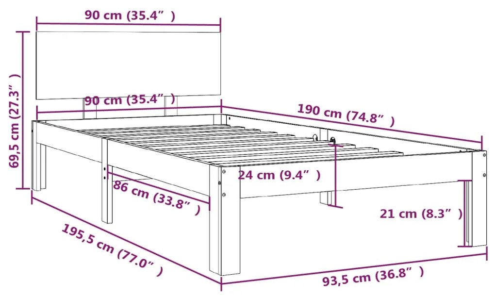 Estrutura de cama solteiro 90x190 cm madeira maciça