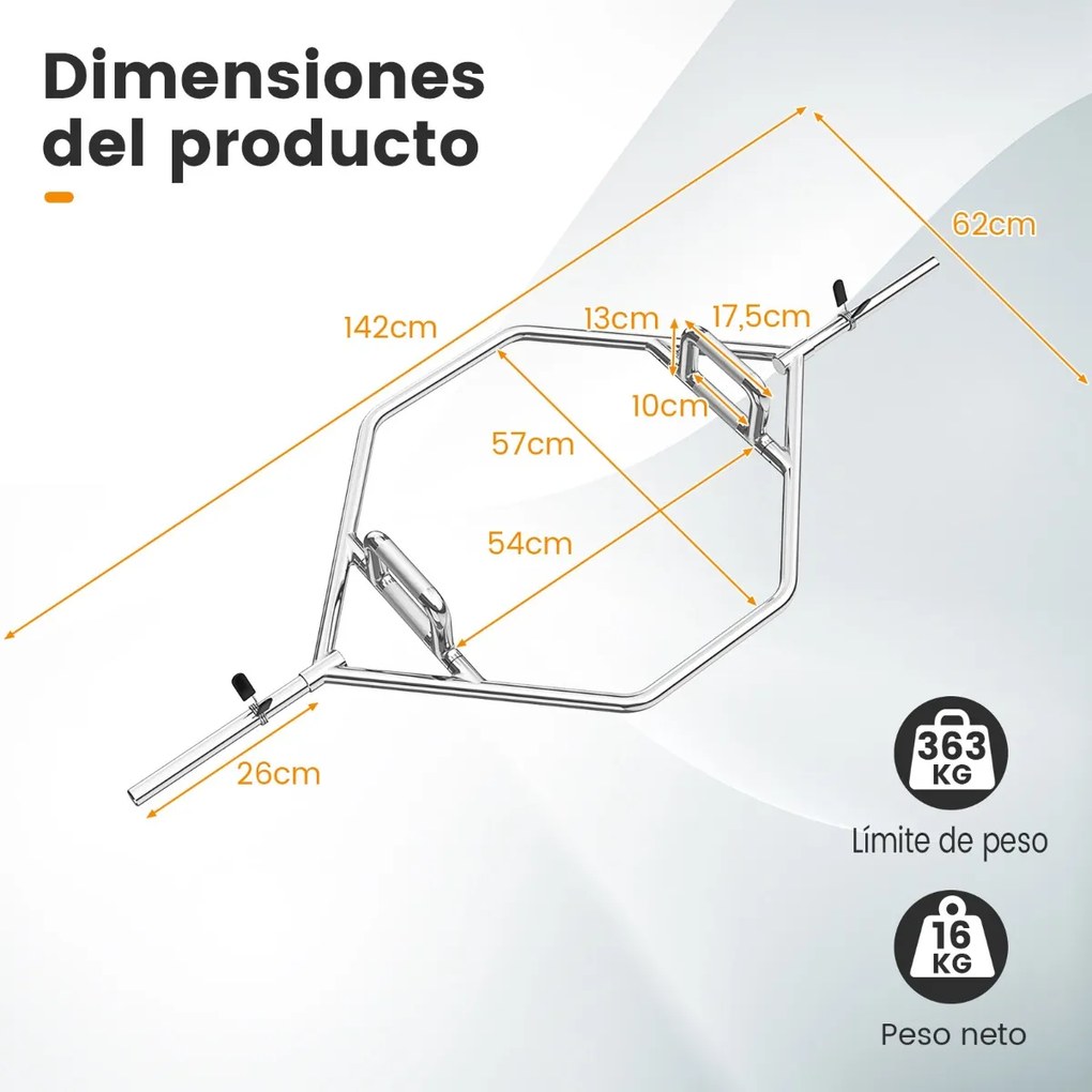 Barra de pesos olímpica Hexagonal (sem pesos) com pegas estriadas planas ou elevadas Carga até 363kg para agachamentos e treino