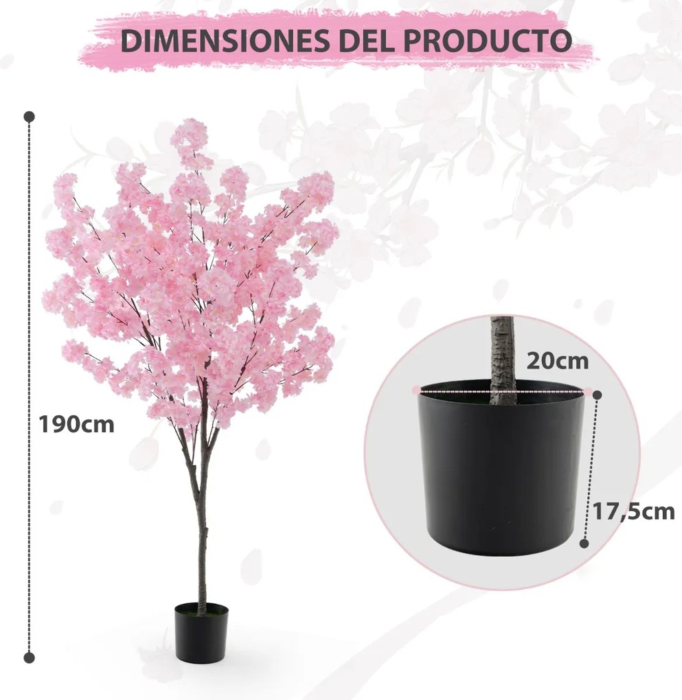 Flor de cerejeira artificial de 190 cm com 900 flores cor-de-rosa, tronco e base em cimento