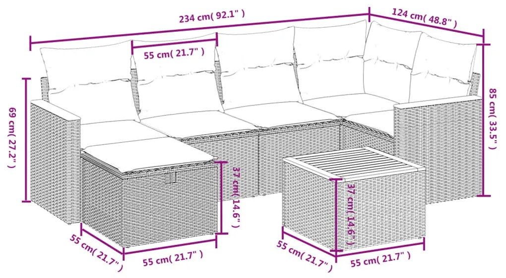 7 pcs conj. sofás jardim c/ almofadões vime PE bege misturado