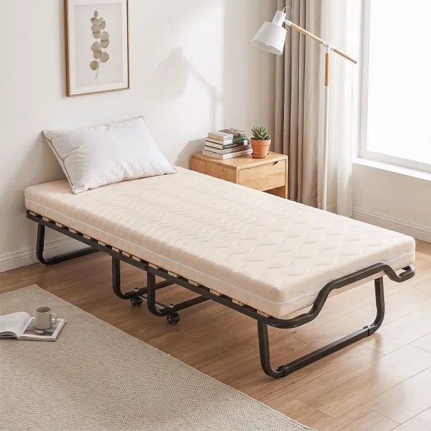 Cama Auxiliar Dobrável, 200 x 80 x 42 cm, Colchão Viscoelástico e Rodas, Preto