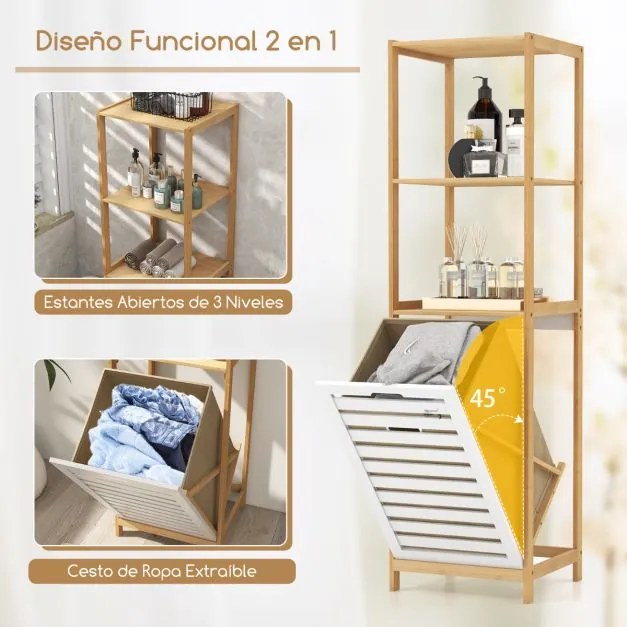 Cesto para roupa suja inclinável 36 x 33 x 130 cm, com 4 níveis extraíveis, em bambu, com prateleiras, organizador para lavandaria, casa de banho e qu