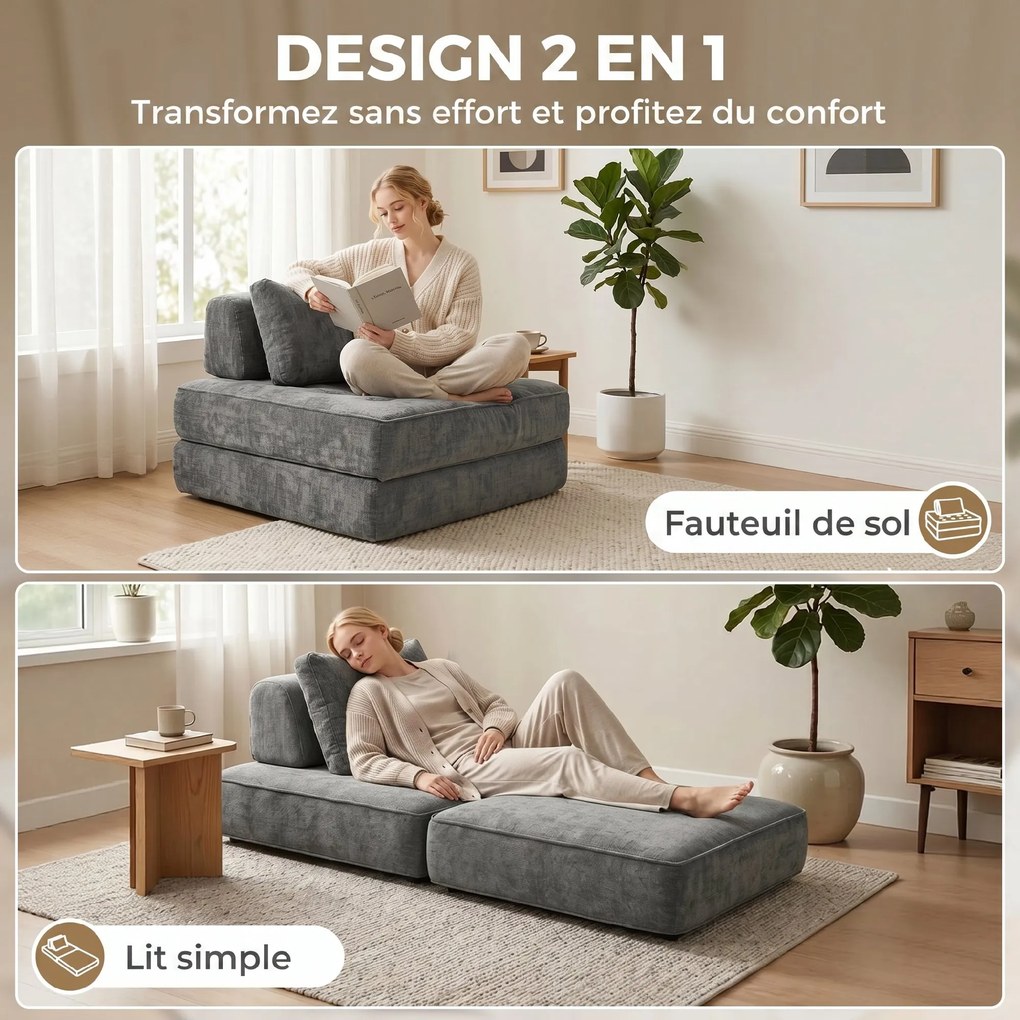 Sofá-cama dobrável 2 em 1, poltrona individual, convertível em chenille, almofada grossa, encosto e almofada de cabeça, cinzento