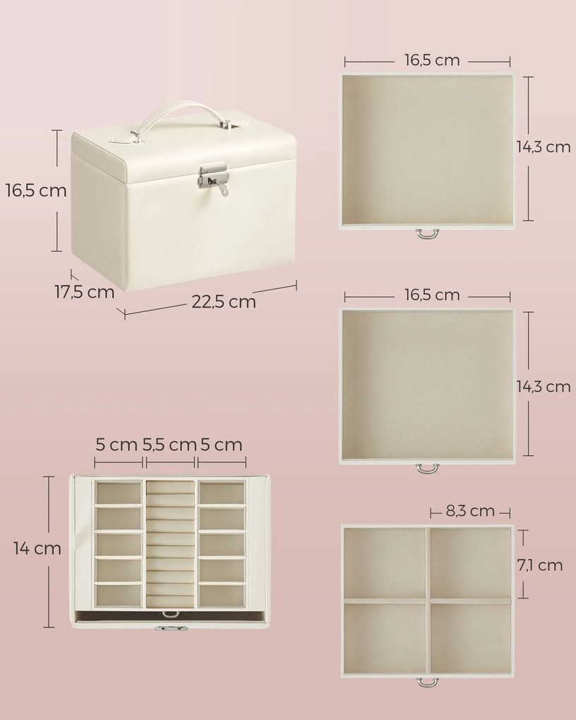 Caixa para joias de 4 níveis 17,5 x 22,5 x 16,5 cm com pega e espelho Branco creme