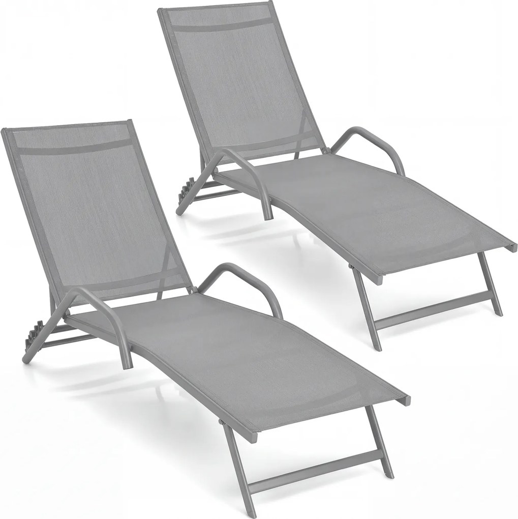 Conjunto de 2 espreguiçadeiras de exterior, poltronas reclináveis com 5 posições de ajuste e assento respirável, para pátio, jardim e piscina, cinza