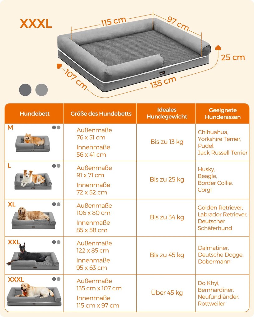 Cama ortopédica para cães Almofada Estofamento macio 135 x 107 x 25 cm Cinzento claro