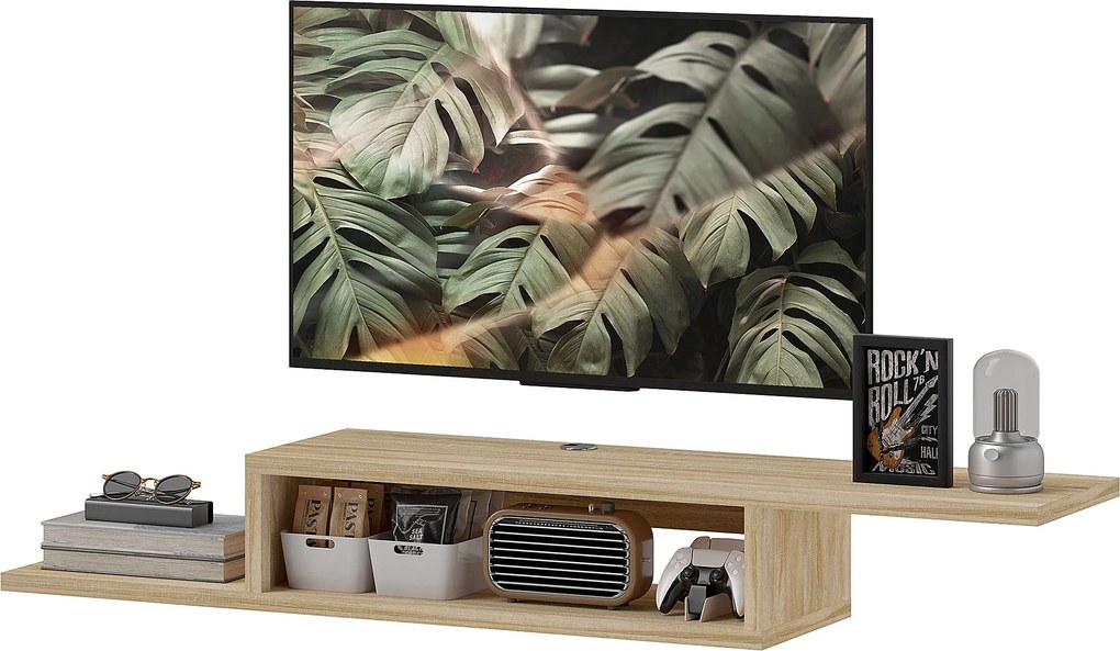 Móvel de TV de Parede Flutuante, 152 x 29 x 21 cm, Com 2 Passa-Fios, cor Carvalho Claro