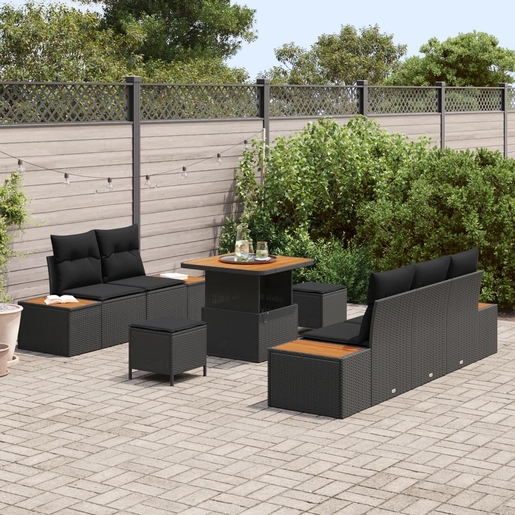 Conjunto de Sofás de Jardim de 8 Peças com Almofadas Preto Rattan Poli