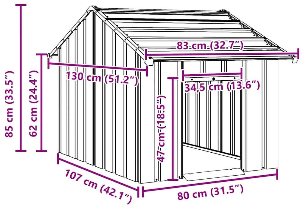 Casota para cães com telhado 83x130x85 cm aço galvanizado