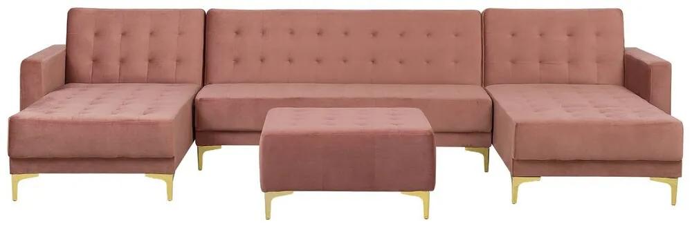 Sofá-cama em forma de U de 5 lugares com repousa-pés em veludo rosa ABERDEEN Beliani