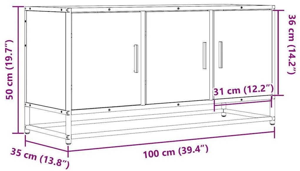 Móvel p/ TV 100x35x50cm derivados madeira/metal cinzento sonoma