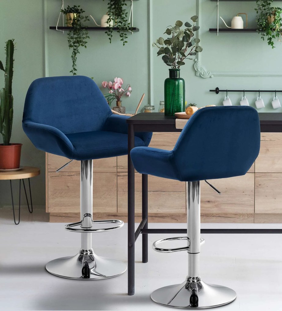 Conjunto de 2 bancos de bar em veludo com estrutura prateada 89-109 x 51 x 52 cm azul