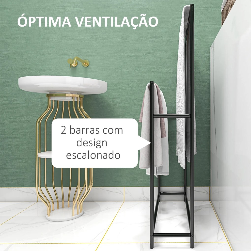 Toalheiro de Pé de 2 Níveis Toalheiro Casa de Banho com 2 Barras e Estrutura de Metal 66x20x110 cm Preto