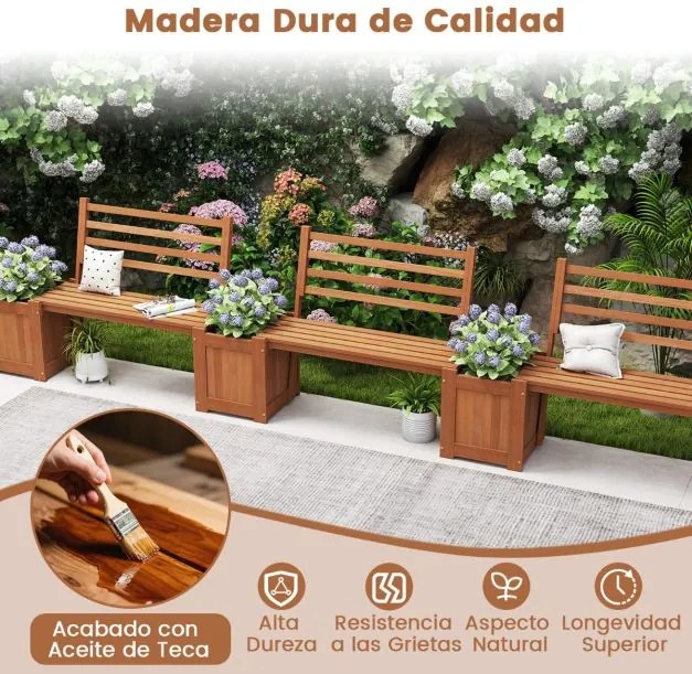 Banco jardim de madeira com floreira para exterior172 x 46,5 x 91 cm Assento com 2 vasos e encosto Base aberta Acabamento em óleo de teca Natural