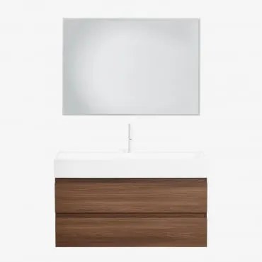 Conjunto De Móvel De Casa De Banho Suspenso Em Madeira E Folha De Freixo Com Lavatório Integrado Ona Madeira Escura & Led - Sklum