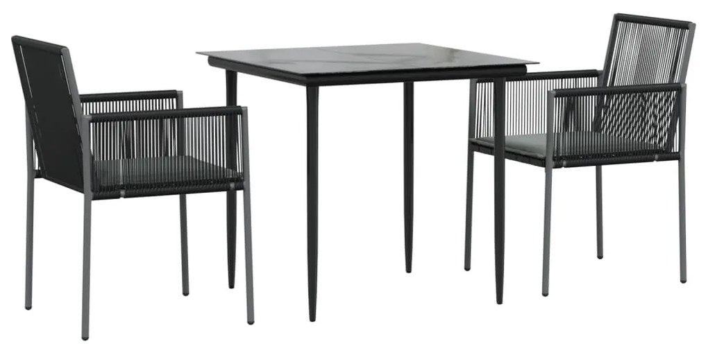 3 pcs conjunto jantar p/ jardim c/ almofadões vime PE/aço preto