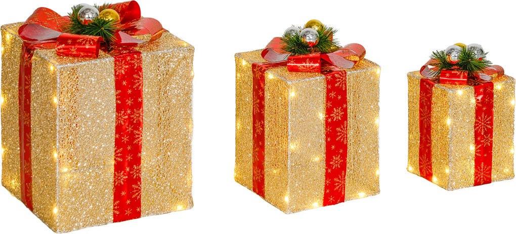 Conjunto de 3 Caixas de Presente de Natal com 58 LEDs Branco Quente Enfeites Luminosos para a Árvore de Natal Dourado