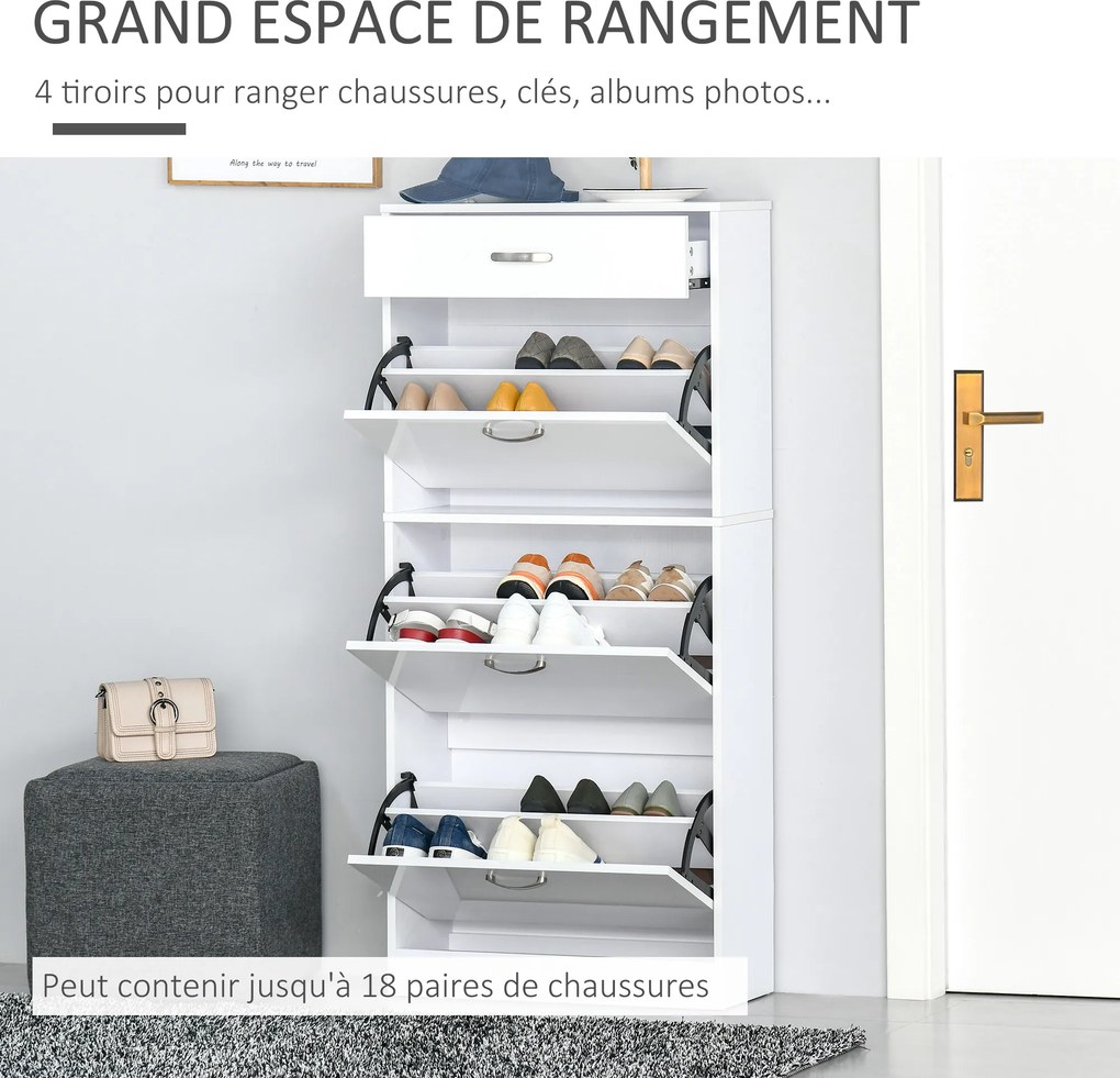 Sapateira com 3 portas basculantes e gaveta deslizante - 62 x 24 x 135 cm - puxadores em alumínio. Painéis em aglomerado branco