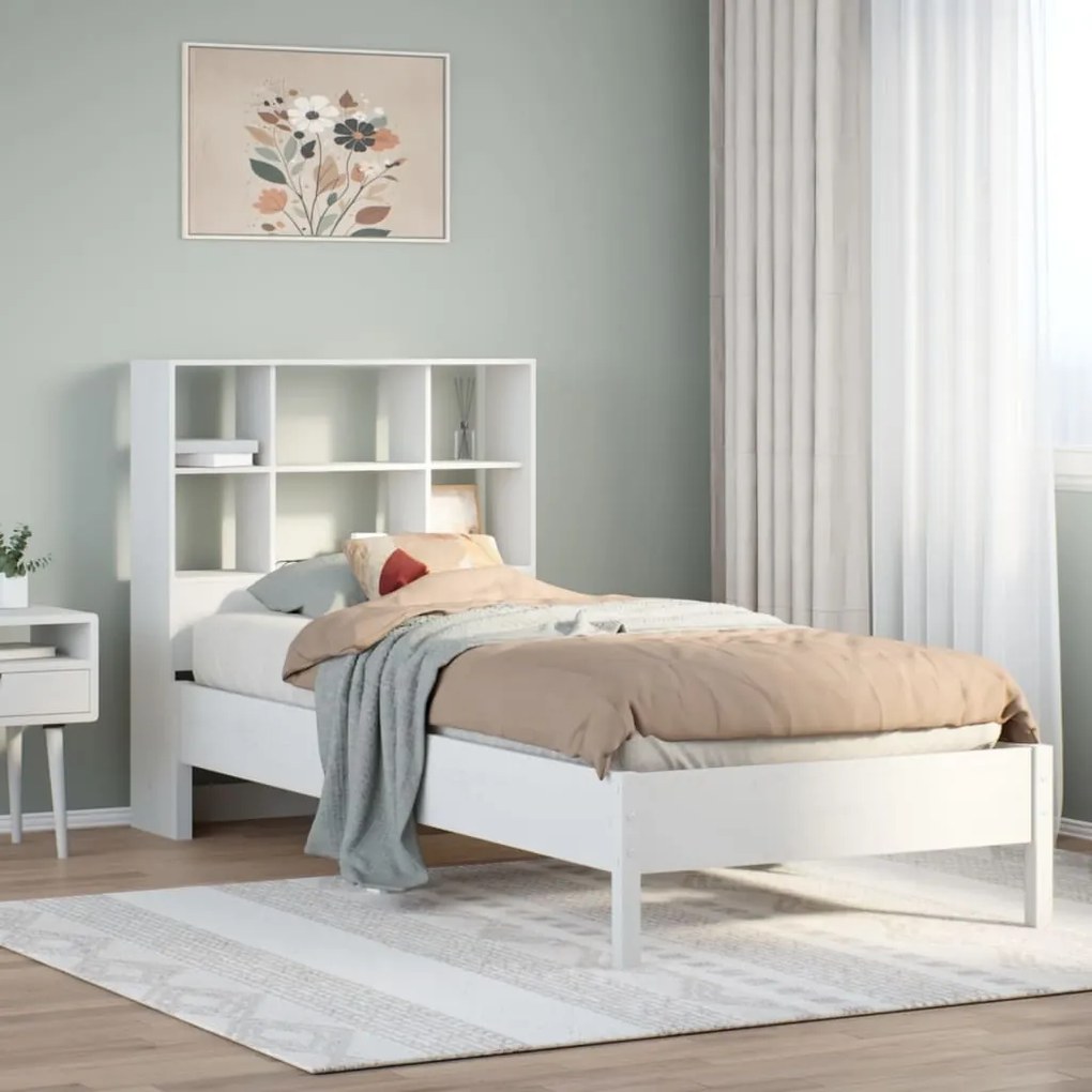 vidaXL Cama com estante sem colchão 90x190 cm pinho maciço branco