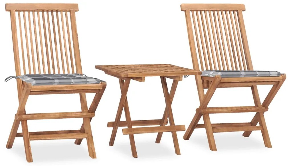3 pcs conj. jantar dobrável exterior c/ almofadão teca maciça