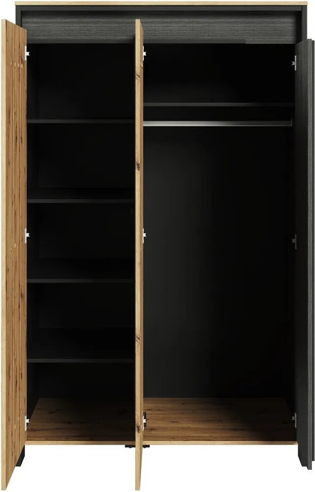 Roupeiro Lomsevu 112, Carvalho Artisan, Preto, 196x123x55cm, 102 kg, Portas para roupeiro: Com dobradiças, Número de prateleiras: 5, Número de prateleiras: 5