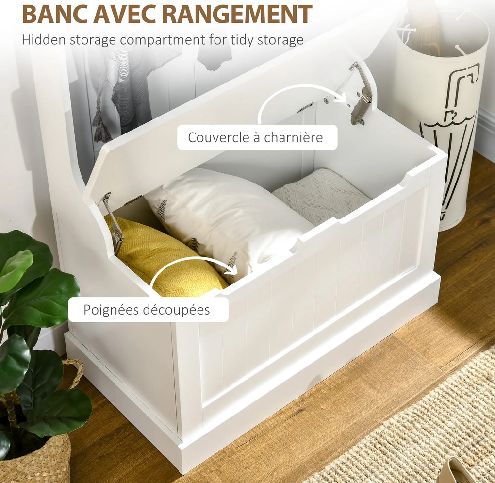 Móvel de entrada 4 em 1, com banco com espaço de arrumação e 4 ganchos duplos, 71,5 x 39,5 x 170 cm, branco