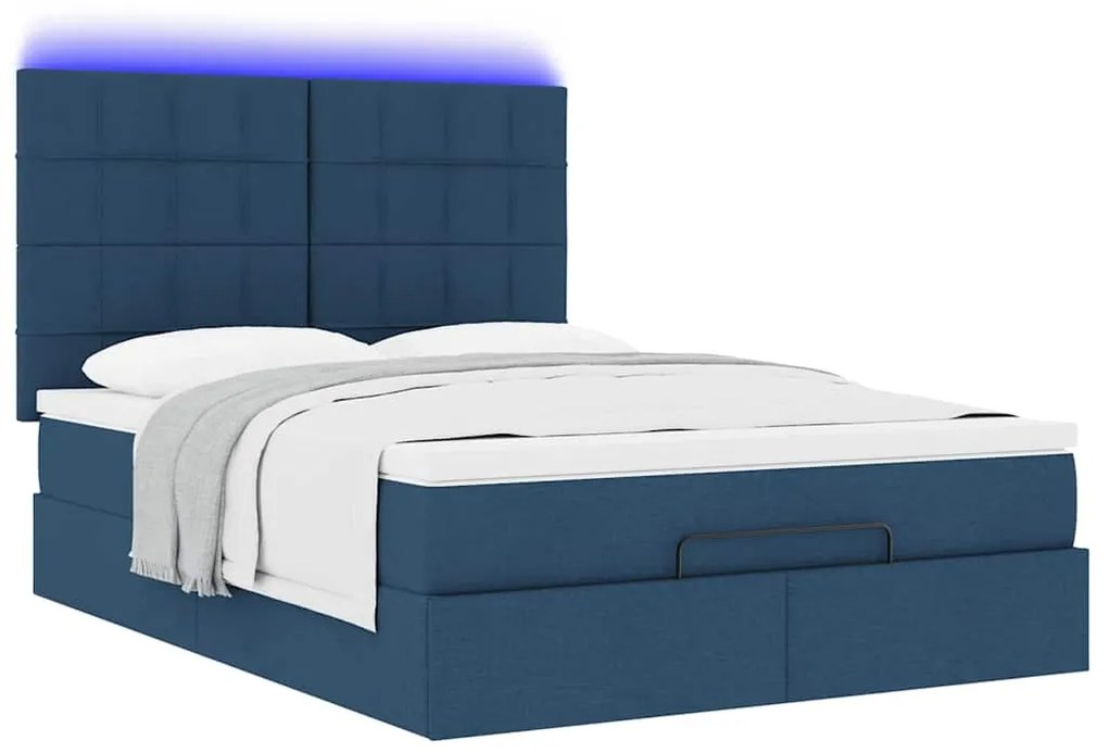 Estrutura de cama otomana com colchão tecido azul 140x200cm