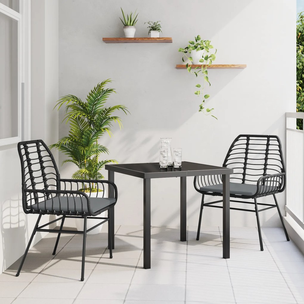 vidaXL Conjunto de Jantar de Jardim de 3 Peças com Almofadas Preta Rattan Poliéster