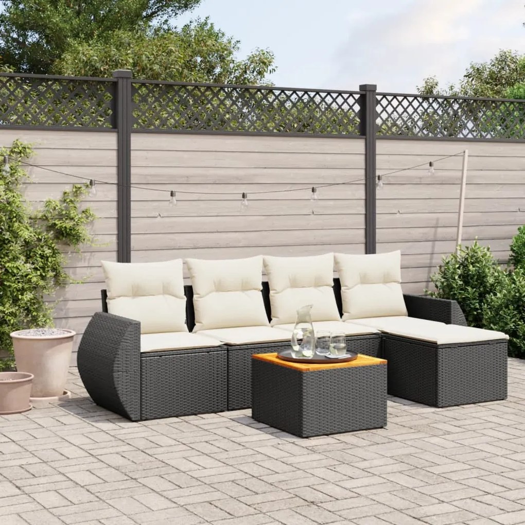 6 pcs conjunto sofás de jardim c/ almofadões vime PE preto