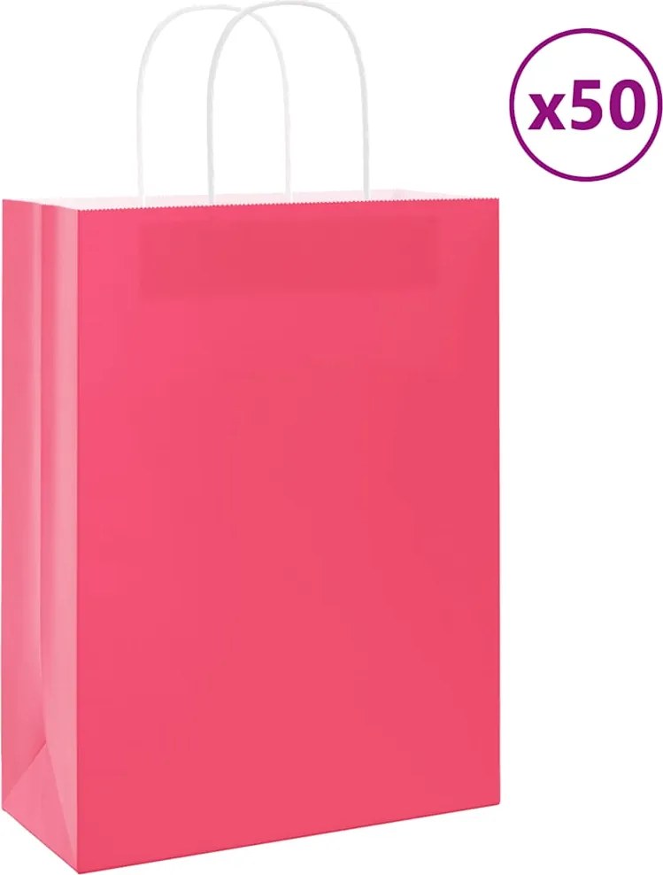 vidaXL Sacos de papel 50 unid com alças rosa 26x12x35 cm