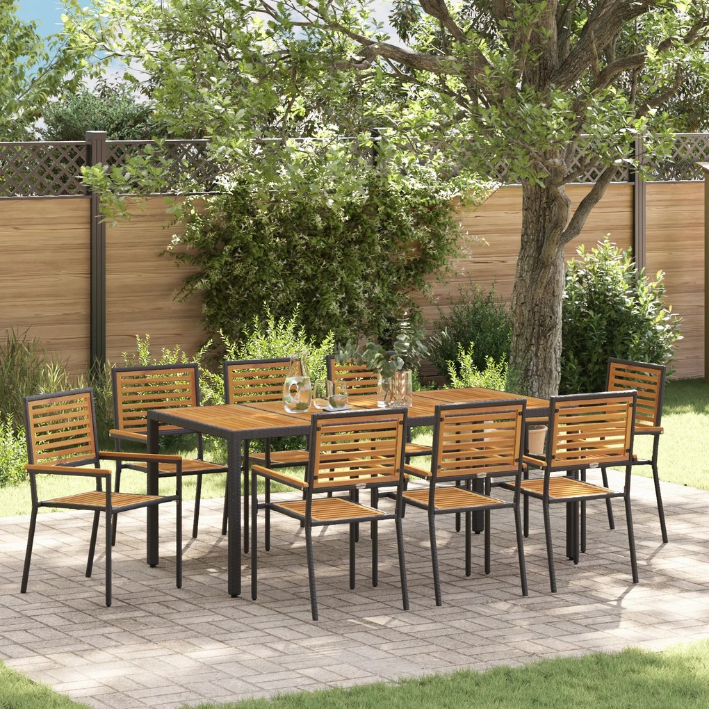 Conjunto de Jantar para Jardim vidaXL 9 Peças Preto Polyrattan Acácia