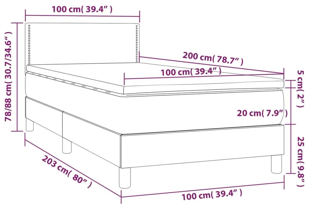 Cama box spring c/ colchão e LED 100x200 cm tecido cinza-escuro