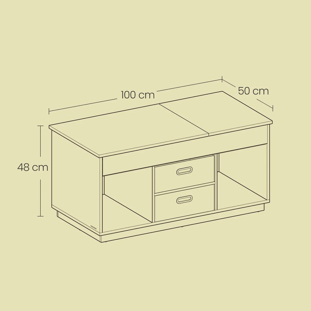 Mesa de centro com 2 gavetas e compartimentos 50 x 100 x 48 cm/62,3 cm branco