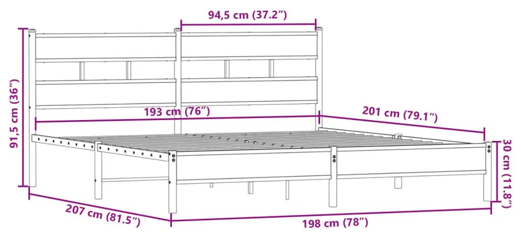 Estrutura de cama sem colchão 193x203cm metal carvalho fumado