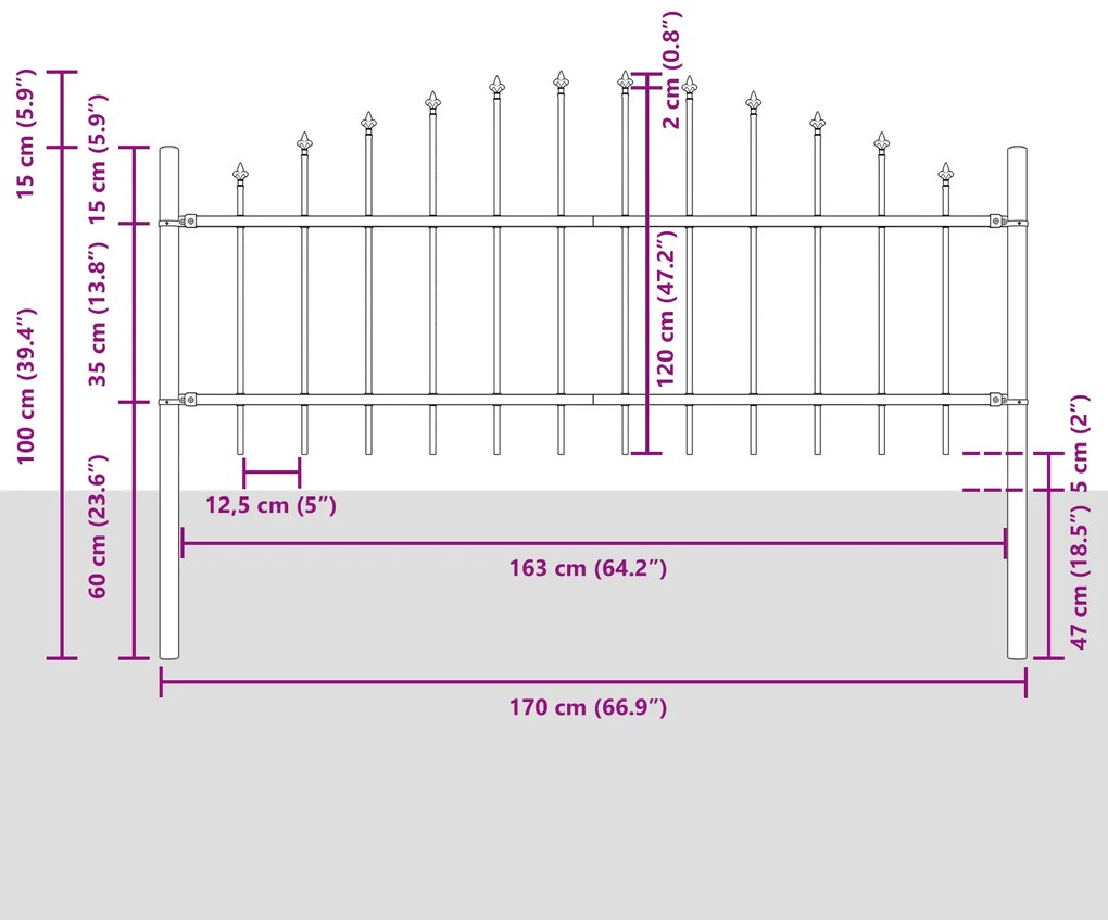 Cerca de Jardim vidaXL com Topo Arqueado Cinza 5,1x0,75 m Aço