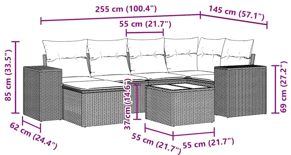 7 pcs conj. sofás jardim com almofadões vime PE cinzento-claro
