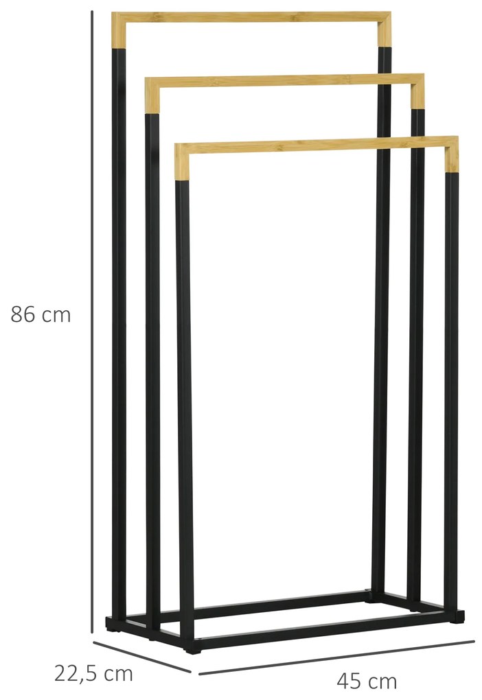 Toalheiro de Pé de 3 Níveis em Forma de Escada com 3 Barras de Bambu e Estrutura de Aço 45x22,5x86 cm Preto e Natural