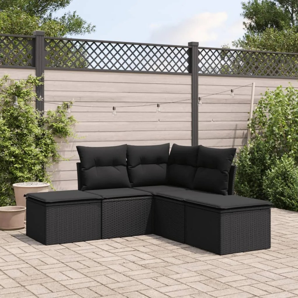 5 pcs conjunto sofás de jardim com almofadões vime PE preto