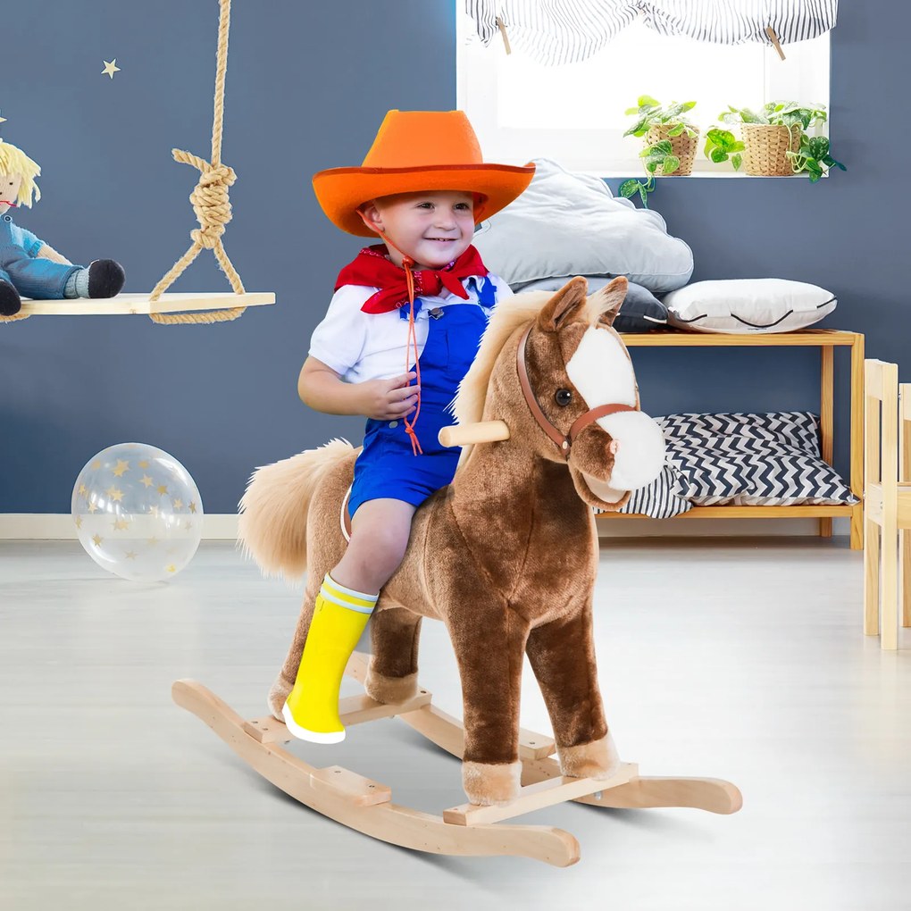Cavalo de Brincar para crianças +3 anos com Pegas Estrutura Metálica e Base em Madeira Carga 40 kg 74x33x62 cm Castanho