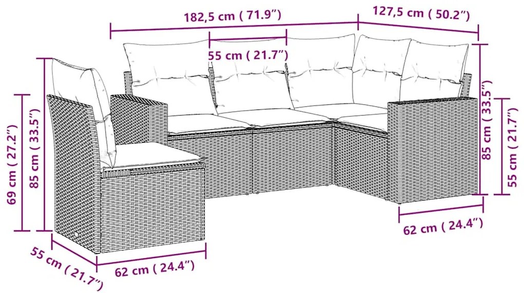 5 pcs conj. sofás jardim c/ almofadões vime PE cinzento-claro