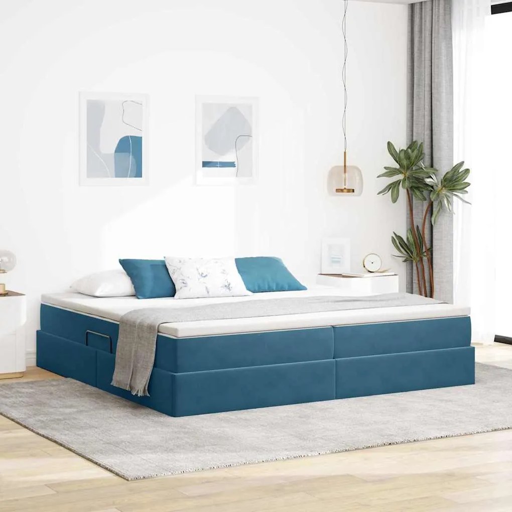 vidaXL Cama com arrumação e colchão Azul Escuro 200 x 200 cm Veludo