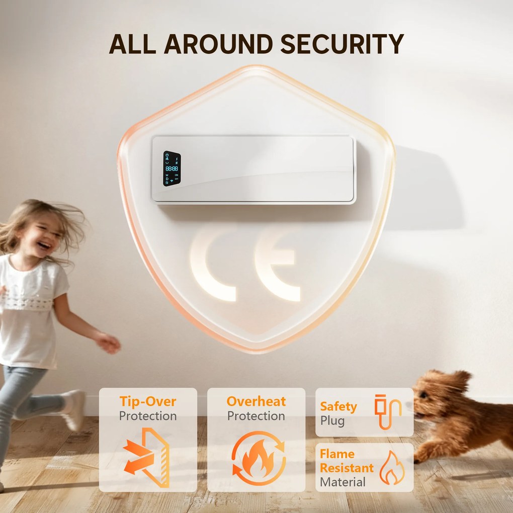 Aquecedor Elétrico de Baixo Consumo de Parede 2000W com 3 Modos Ecrã LED Termostato Temporizador e Oscilação 54x18,7x14,5 cm Branco