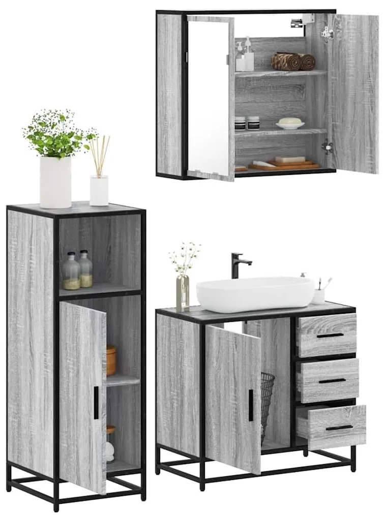 3 pcs Conjunto móveis casa de banho madeira proc. cinza sonoma