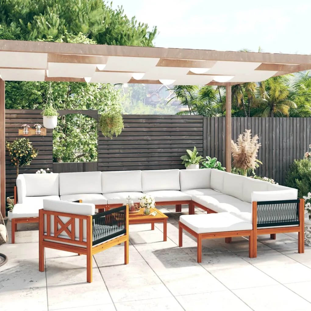 vidaXL 12 pcs conjunto lounge jardim c/ almofadões acácia maciça creme