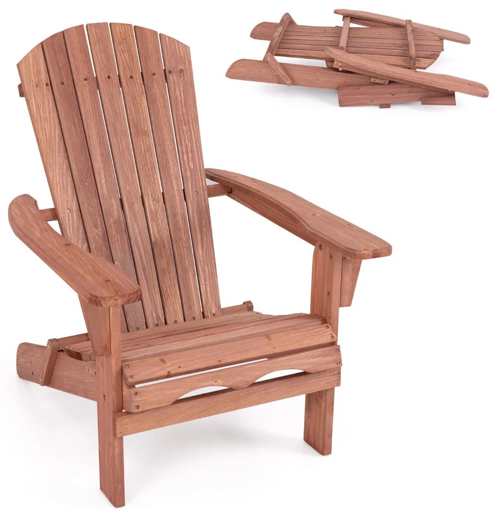 Cadeira Adirondack dobrável de madeira com encosto e apoios de braços Carga 180 Kg exterior  Pátio relvado Castanho