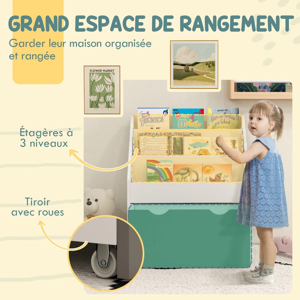 Estante infantil de 2 portas, armário moderno com 3 gavetas e varão para pendurar roupa, para quarto, Branco e verde