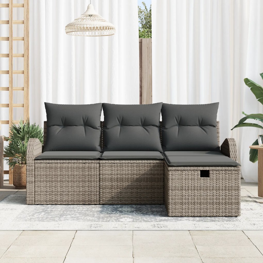Conjunto de Sofá de Jardim de 4 Peças com Almofadas Cinza Rattan Polié