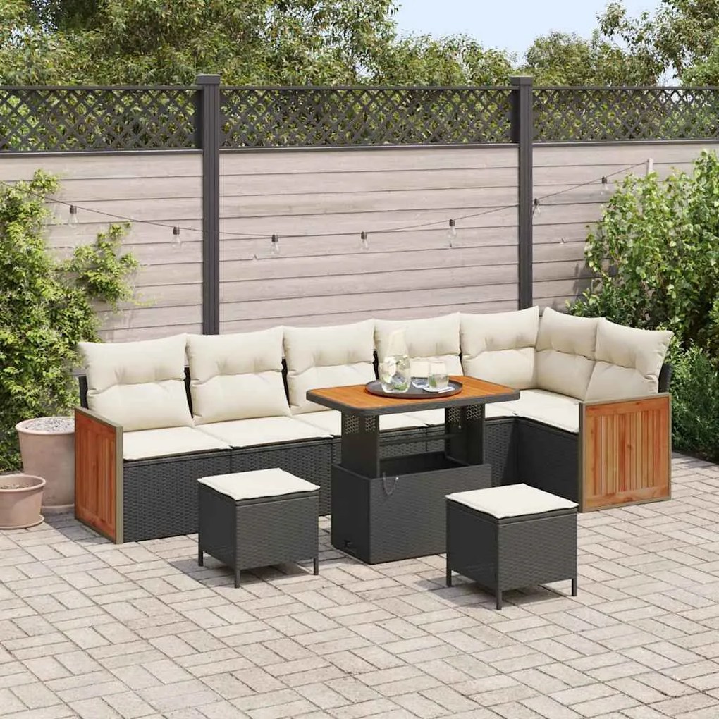 vidaXL Conjunto de Sofá de Jardim 9 Peças com Almofadas Pretas de Polyrattan e Acácia